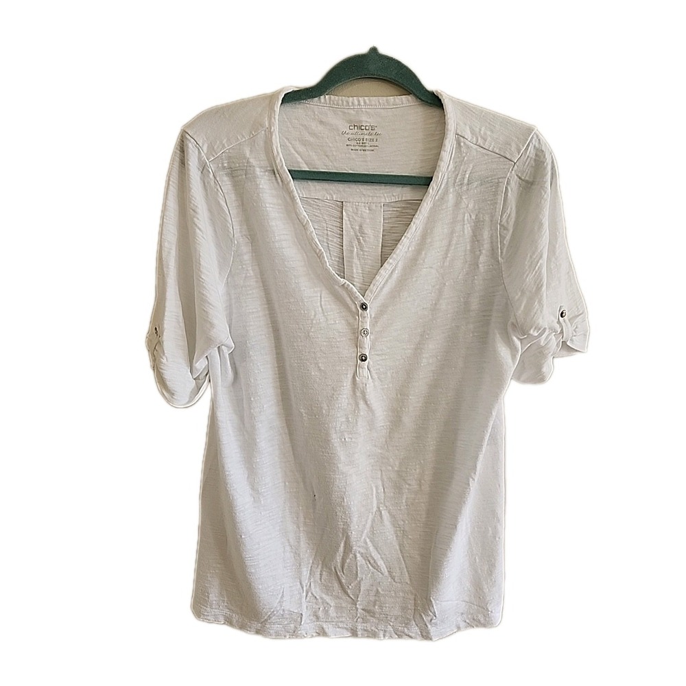 Chicos Size 2 (L) Women's Light Weight White Henley Shirt Cotton Blend
